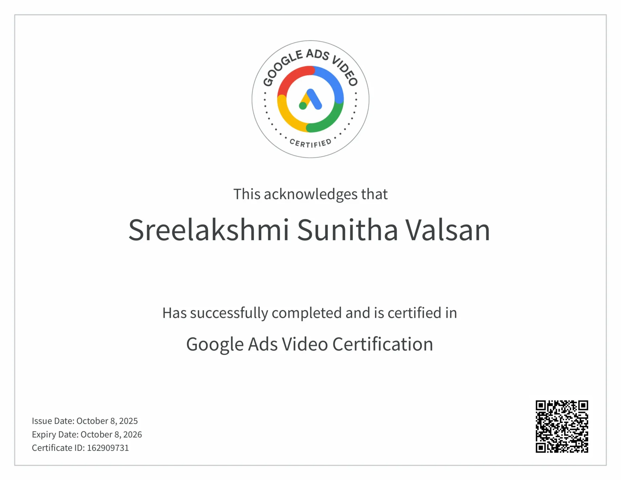google ads video completion certificate