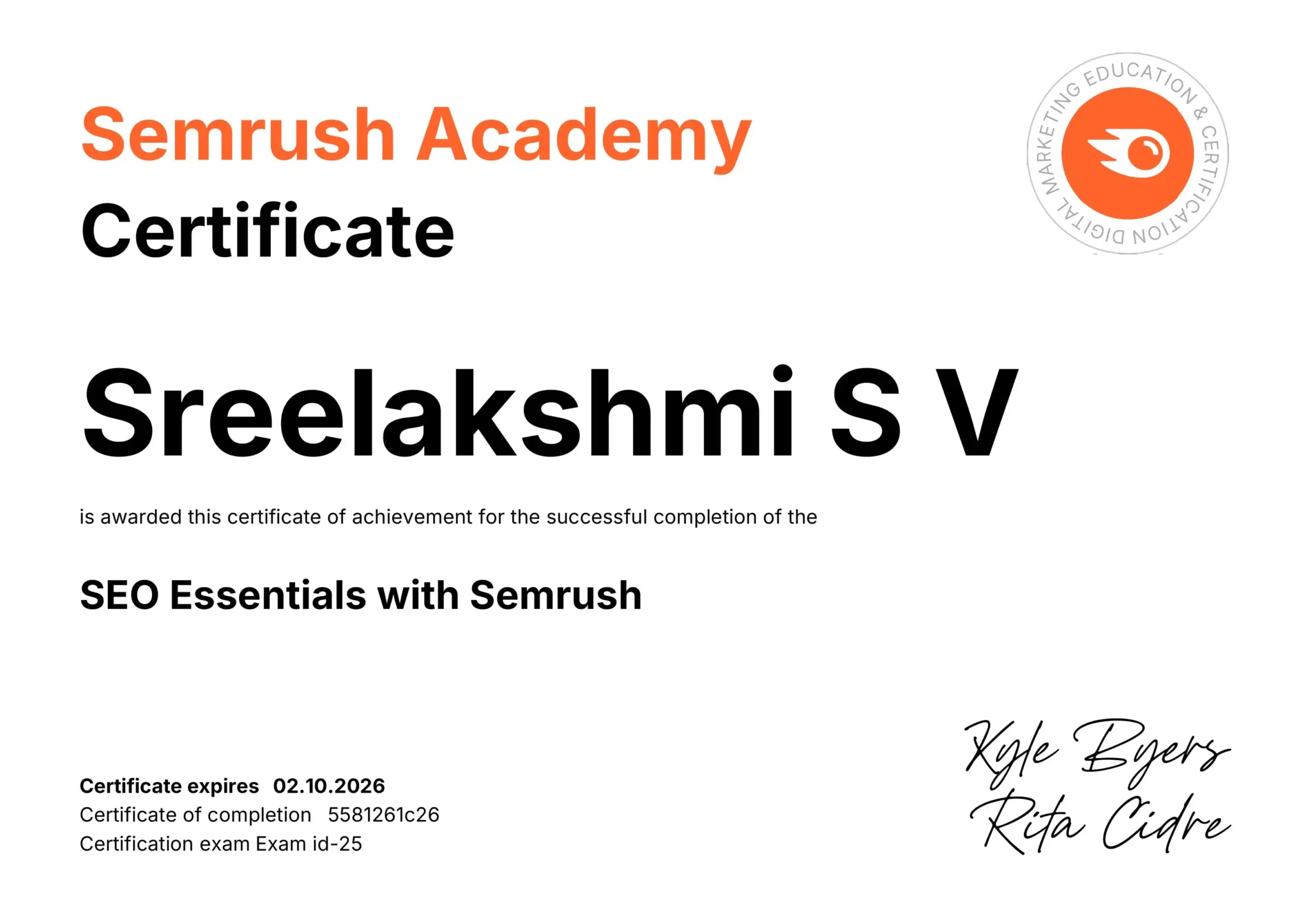 seo essentials with semrush completion certificate